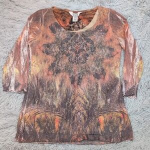 Vintage Keren Hart‎ Shirt Womens L Biege Lace Blouse Paisley Top Casual Comfort